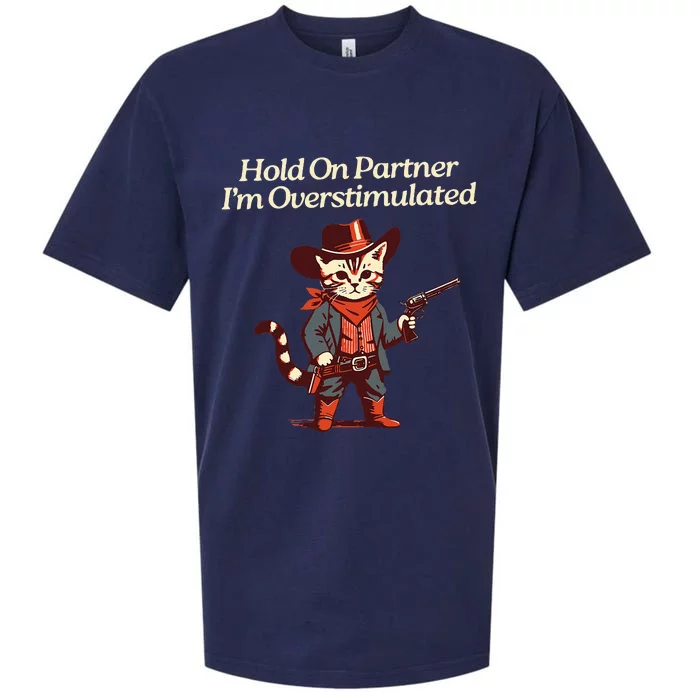 Hold On Partner IM Overstimulated Western Cat Cowboy Sueded Cloud Jersey T-Shirt