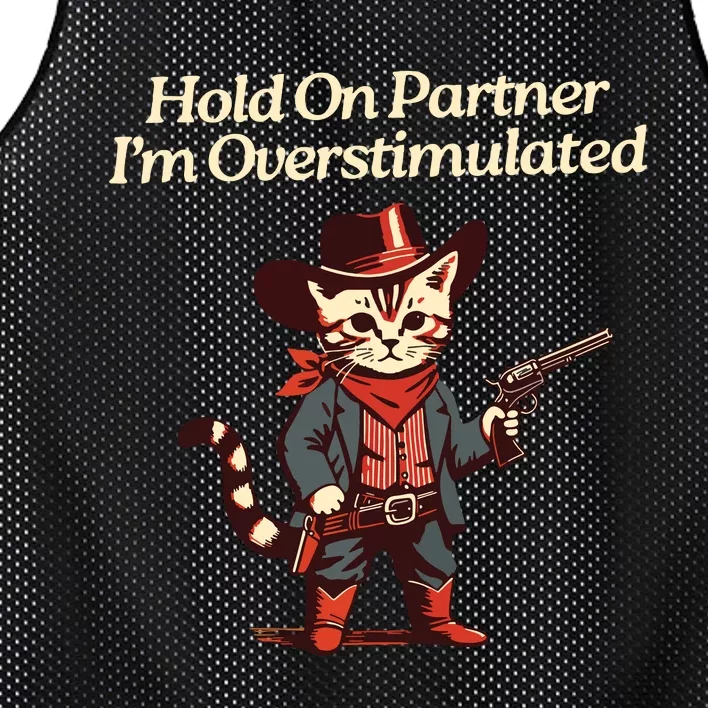 Hold On Partner Im Overstimulated Western Cat Cowboy Mesh Reversible Basketball Jersey Tank