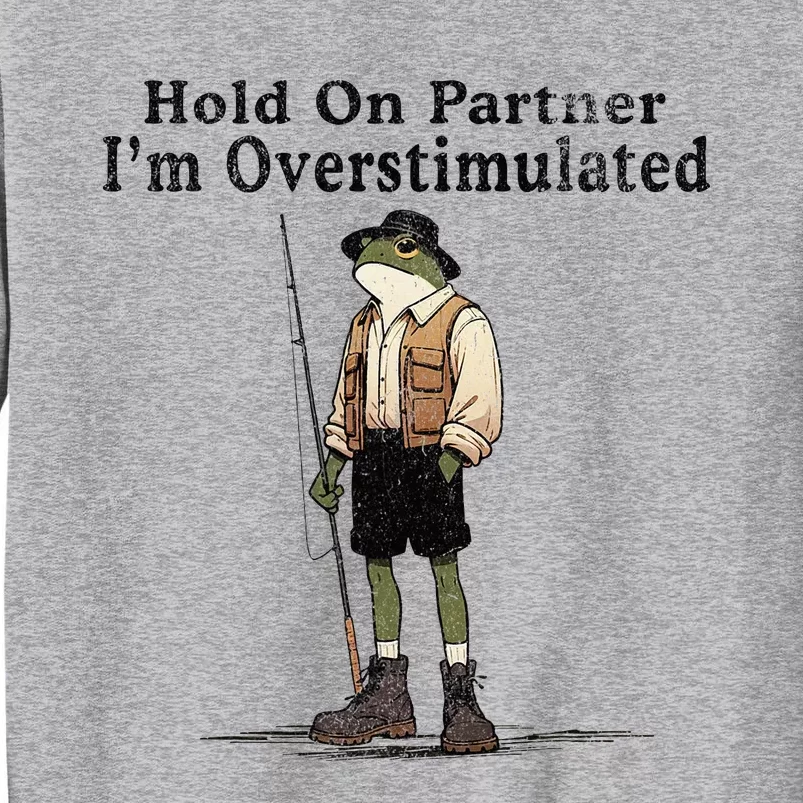 Hold On Partner IM Overstimulated Funny Frog Fishing Humor Tall Sweatshirt