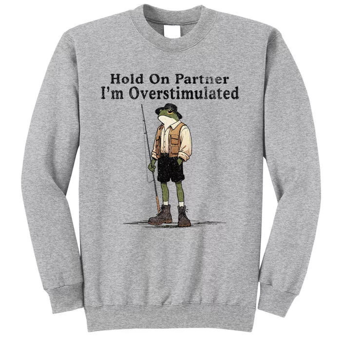 Hold On Partner IM Overstimulated Funny Frog Fishing Humor Tall Sweatshirt