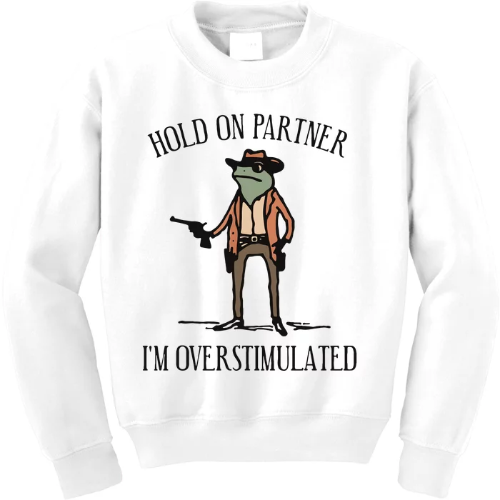 Hold On Partner IM Overstimulated Cowboy Frog Vintage Kids Sweatshirt