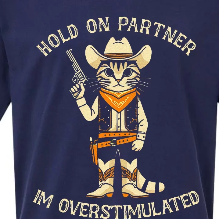 Hold On Partner IM Overstimulated Retro Western Cat Cowboy Sueded Cloud Jersey T-Shirt