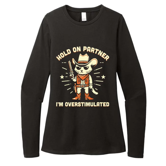 Hold On Partner IM Overstimulated Retro Western Cat Cowboy Womens CVC Long Sleeve Shirt