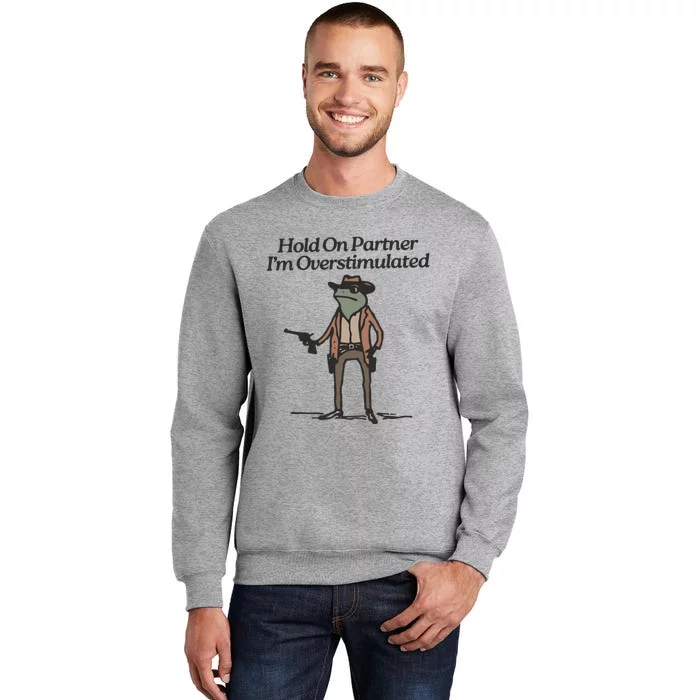 Hold On Partner IM Overstimulated Cowboy Frog Vintage Tall Sweatshirt