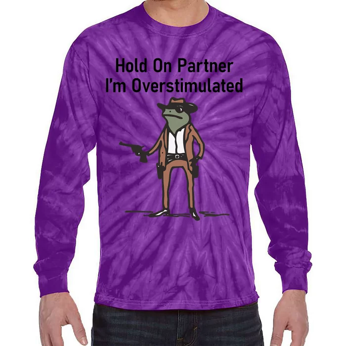 Hold On Partner IM Overstimulated Cowboy Frog Vintage Tie-Dye Long Sleeve Shirt