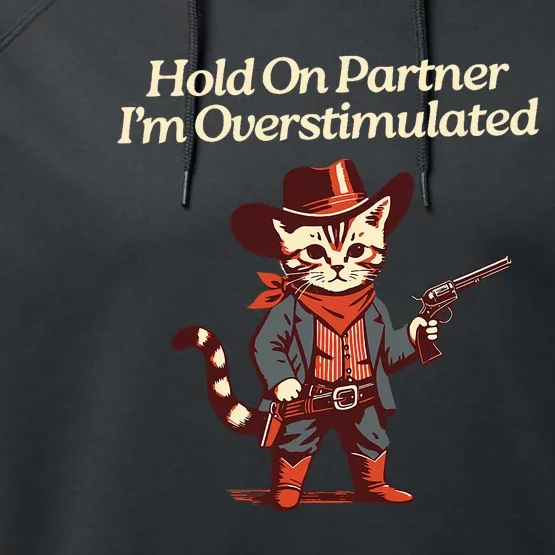 Hold On Partner IM Overstimulated Western Cat Cowboy Performance Fleece Hoodie