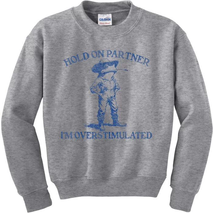 Hold On Partner IM Overstimulated Cow Frog Vintage Kids Sweatshirt