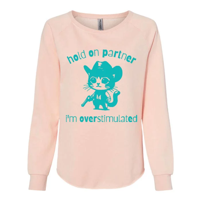 Hold On Partner Im Overstimulated Cat Womens California Wash Sweatshirt