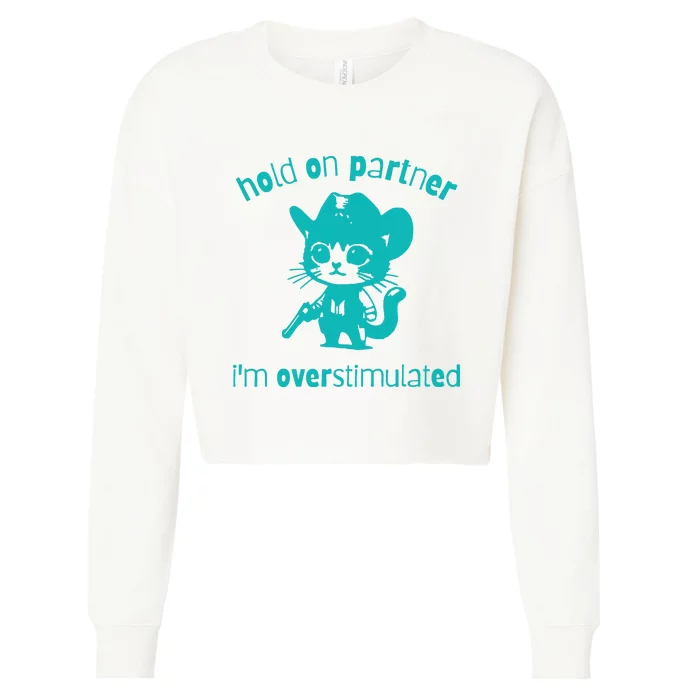 Hold On Partner Im Overstimulated Cat Cropped Pullover Crew