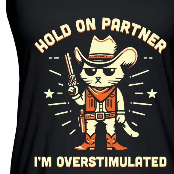 Hold On Partner IM Overstimulated Retro Western Cat Cowboy Ladies Essential Flowy Tank