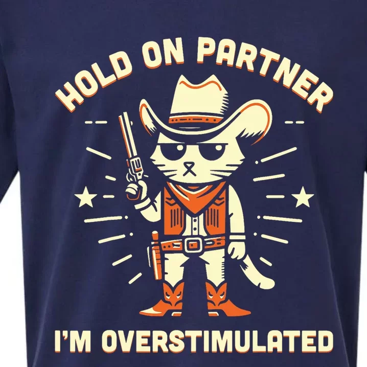 Hold On Partner IM Overstimulated Retro Western Cat Cowboy Sueded Cloud Jersey T-Shirt