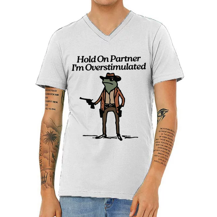 Hold On Partner Im Overstimulated Cowboy Frog Vintage V-Neck T-Shirt