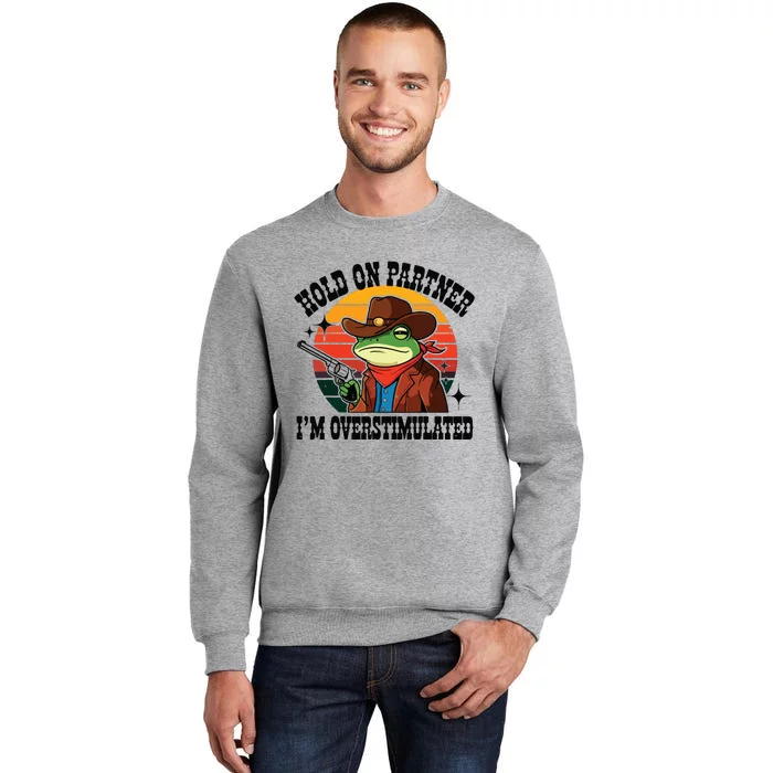 Hold On Partner Im Overstimulated Cowboy Frog Funny Tall Sweatshirt