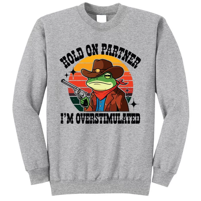 Hold On Partner Im Overstimulated Cowboy Frog Funny Tall Sweatshirt