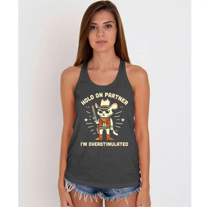 Hold On Partner IM Overstimulated Retro Western Cat Cowboy Women's Knotted Racerback Tank