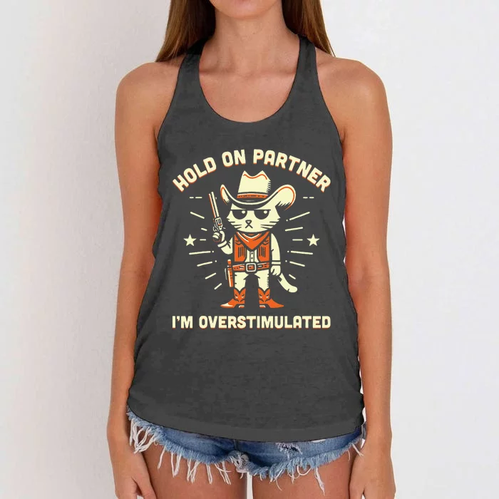 Hold On Partner IM Overstimulated Retro Western Cat Cowboy Women's Knotted Racerback Tank