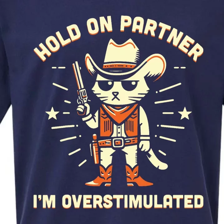 Hold On Partner IM Overstimulated Retro Western Cat Cowboy Sueded Cloud Jersey T-Shirt