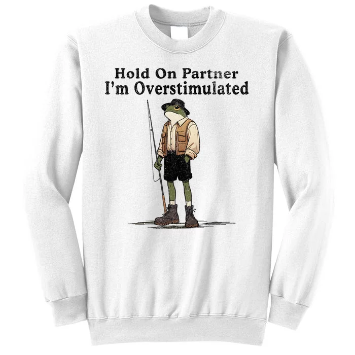 Hold On Partner IM Overstimulated Funny Frog Fishing Humor Sweatshirt