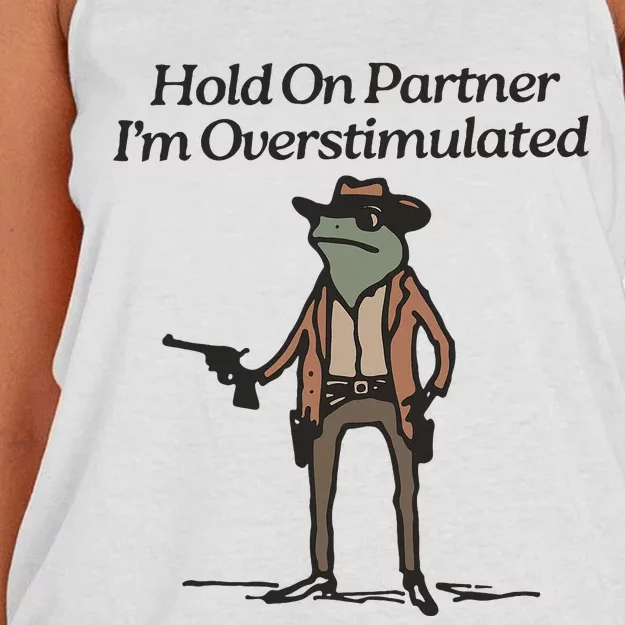 Hold On Partner IM Overstimulated Cowboy Frog Women's Knotted Racerback Tank