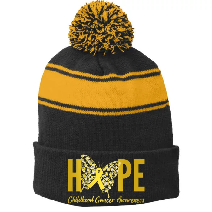 Hope Childhood Cancer Awareness Butterfly Stripe Pom Pom Beanie