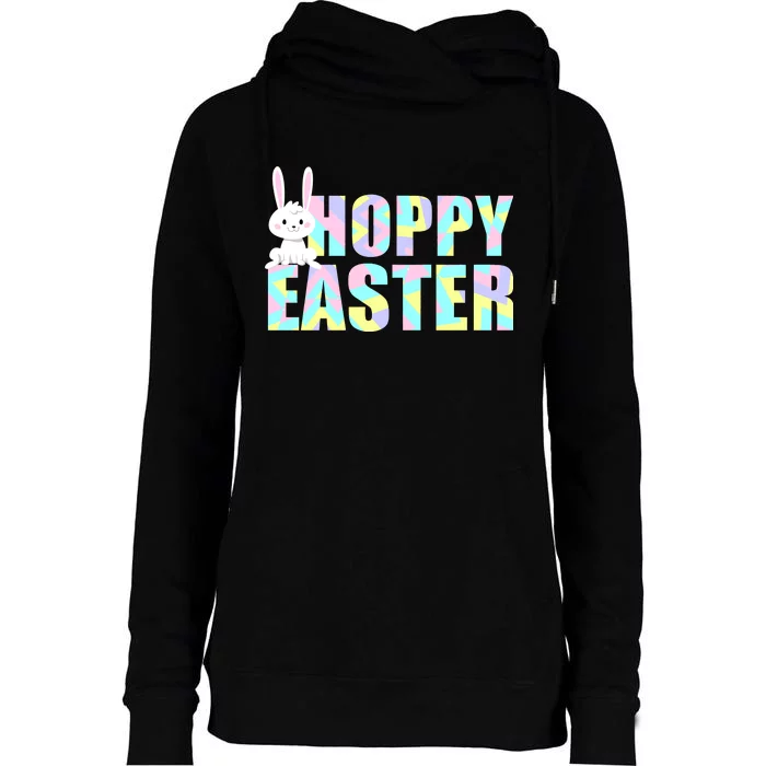 Hoppy Easter Colorful Happy Easter Bunny Womens Funnel Neck Pullover Hood