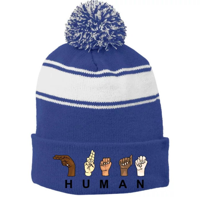 Hu One Race Statet Sign Language Respect Gift Stripe Pom Pom Beanie