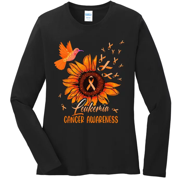 Hummingbird Orange Sunflower Leukemia Cancer Awareness Ladies Long Sleeve Shirt