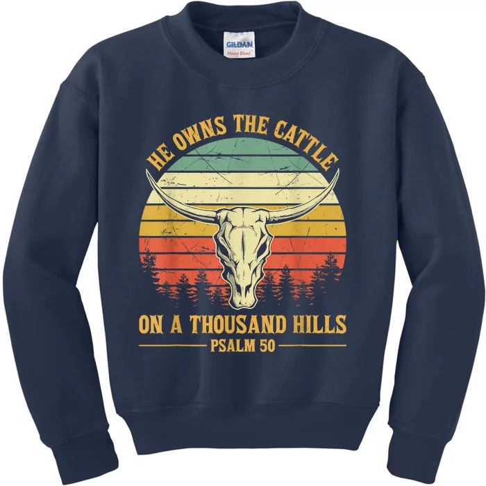 He Owns The Cattle On A Thousand Hills Bull Skull Christian Kids Sweatshirt