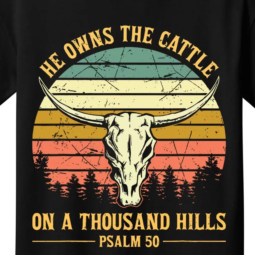 He Owns The Cattle On A Thousand Hills Bull Skull Christian Kids T-Shirt