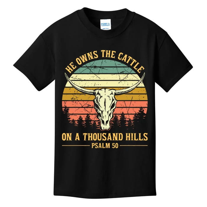 He Owns The Cattle On A Thousand Hills Bull Skull Christian Kids T-Shirt