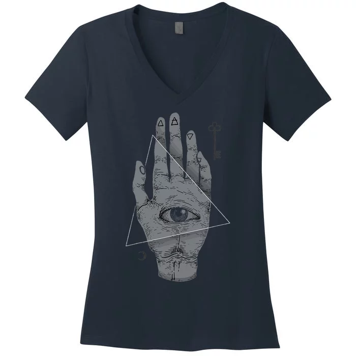 HAND OF THE MYSTERIES Alchemy Symbol Occult Sacred Geometry Women's V-Neck T-Shirt