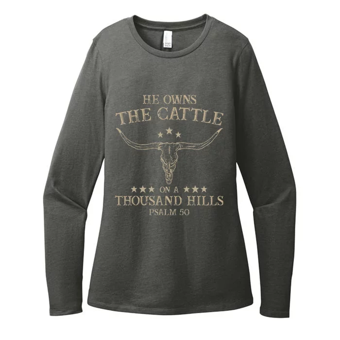 He Owns The Cattle On A Thousand Hills Psalm 50 Vintage Cow Womens CVC Long Sleeve Shirt