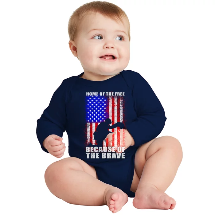 Home Of The Free Because Of The Brave Distress American Flag Gift Baby Long Sleeve Bodysuit