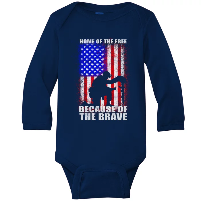 Home Of The Free Because Of The Brave Distress American Flag Gift Baby Long Sleeve Bodysuit