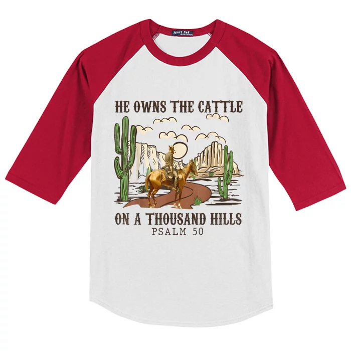 He Owns The Cattle On A Thousand Hills Psalm 50 Christian Kids Colorblock Raglan Jersey