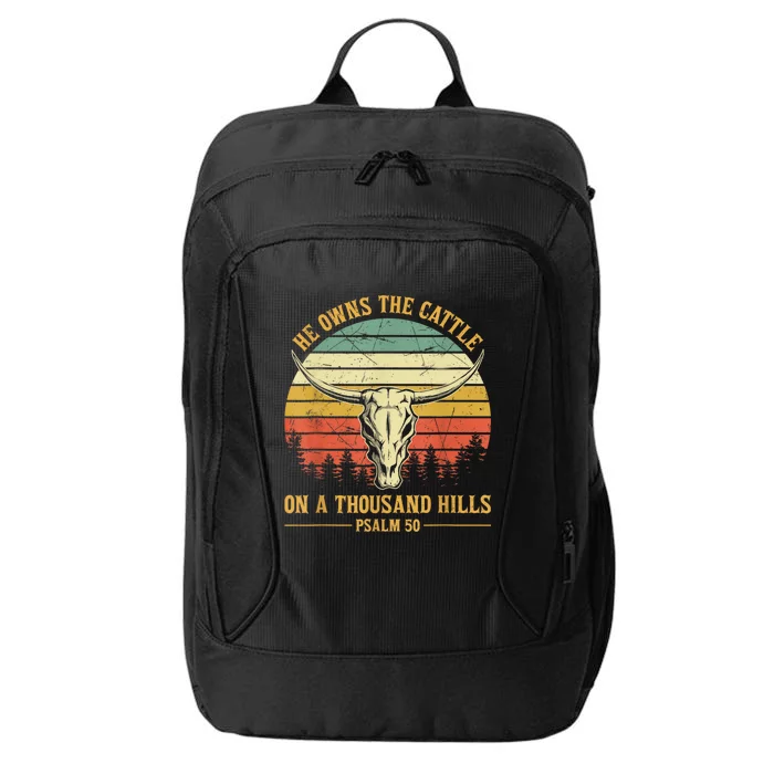 He Owns The Cattle On A Thousand Hills Bull Skull Christian City Backpack