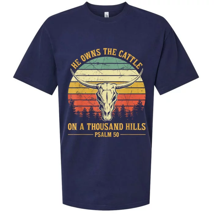 He Owns The Cattle On A Thousand Hills Bull Skull Christian Sueded Cloud Jersey T-Shirt