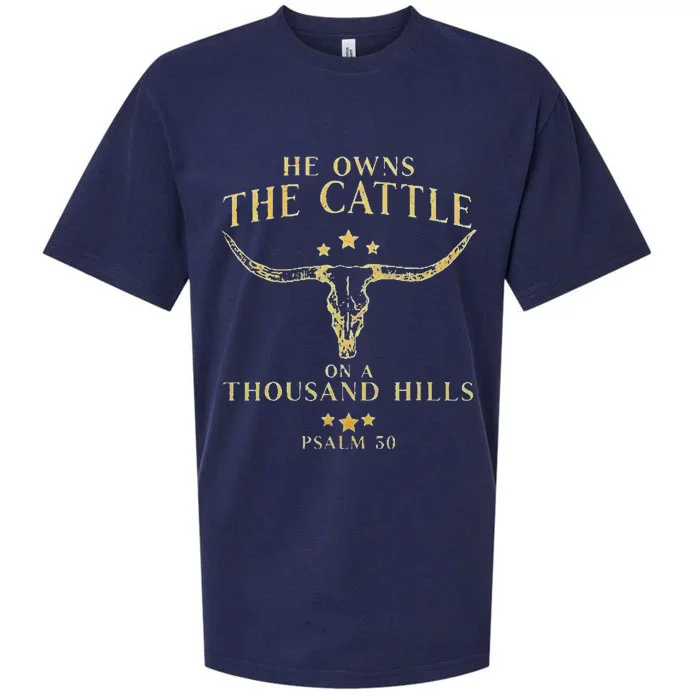 He Owns The Cattle On A Thousand Hills Bull Skull Christian Sueded Cloud Jersey T-Shirt