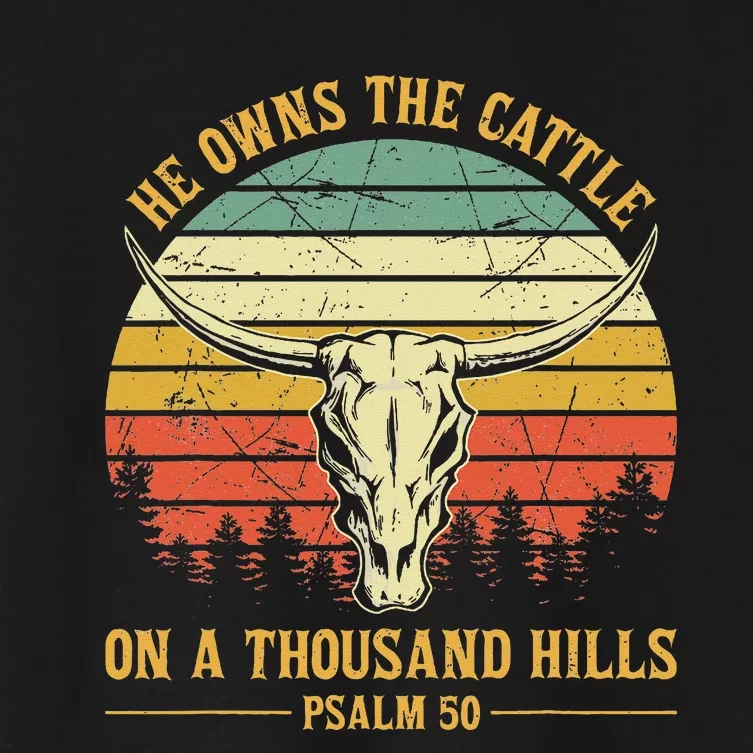 He Owns The Cattle On A Thousand Hills Bull Skull Christian Women's Crop Top Tee