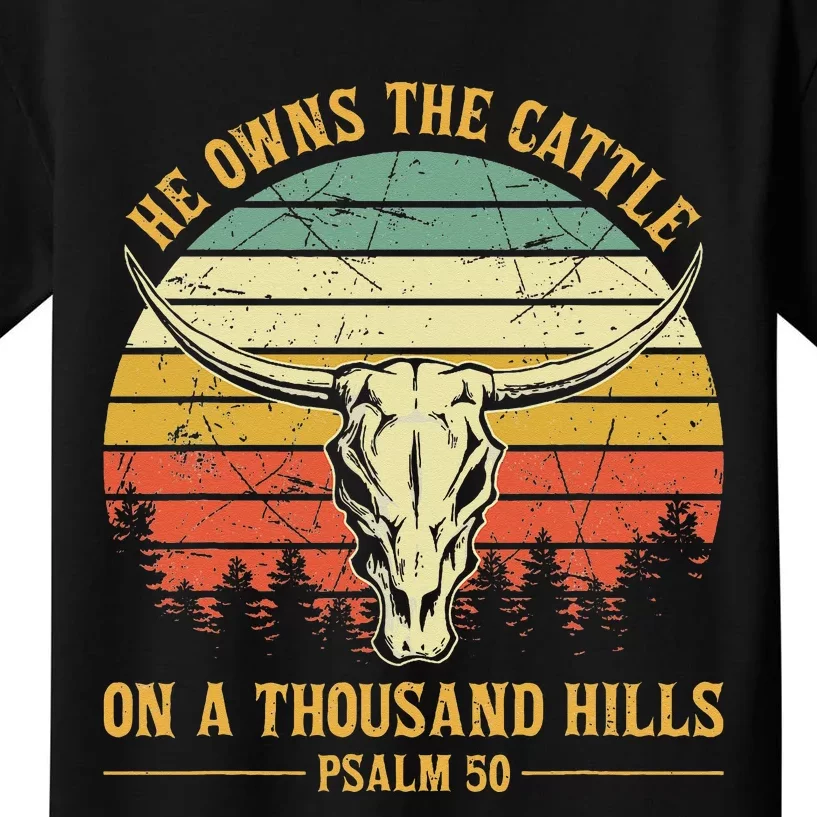 He Owns The Cattle On A Thousand Hills Bull Skull Christian Kids T-Shirt