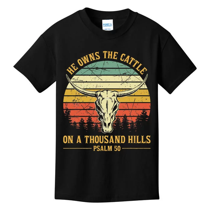 He Owns The Cattle On A Thousand Hills Bull Skull Christian Kids T-Shirt