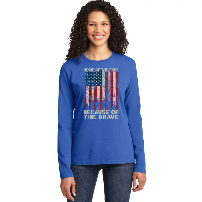 Home Of The Free Because Of The Brave Distress American Flag Gift Ladies Long Sleeve Shirt