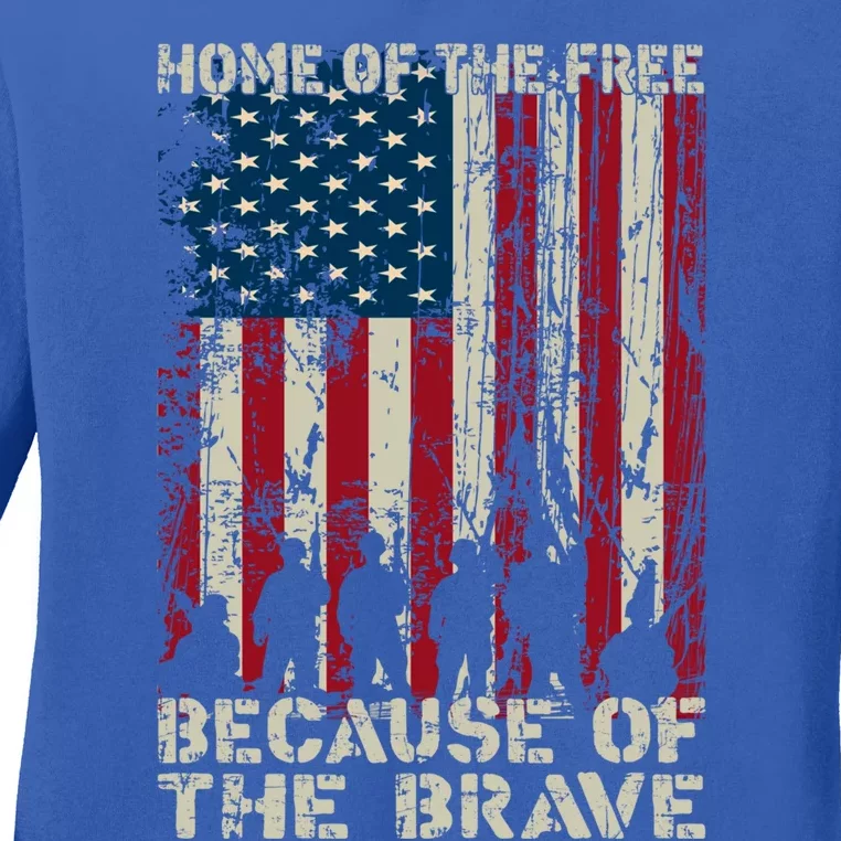 Home Of The Free Because Of The Brave Distress American Flag Gift Ladies Long Sleeve Shirt