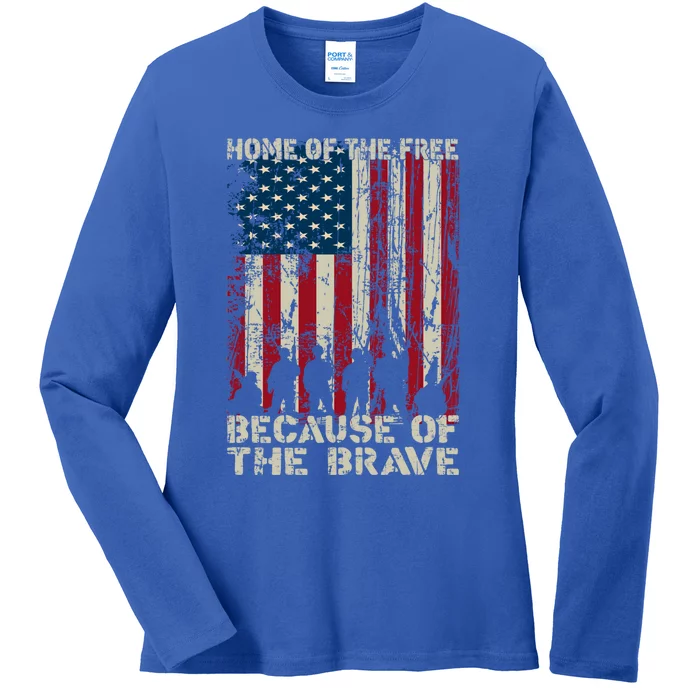 Home Of The Free Because Of The Brave Distress American Flag Gift Ladies Long Sleeve Shirt