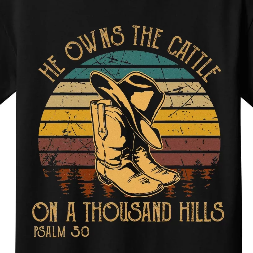 He Owns The Cattle On A Thousand Hills Psalm 50 Cowboy Boots Kids T-Shirt