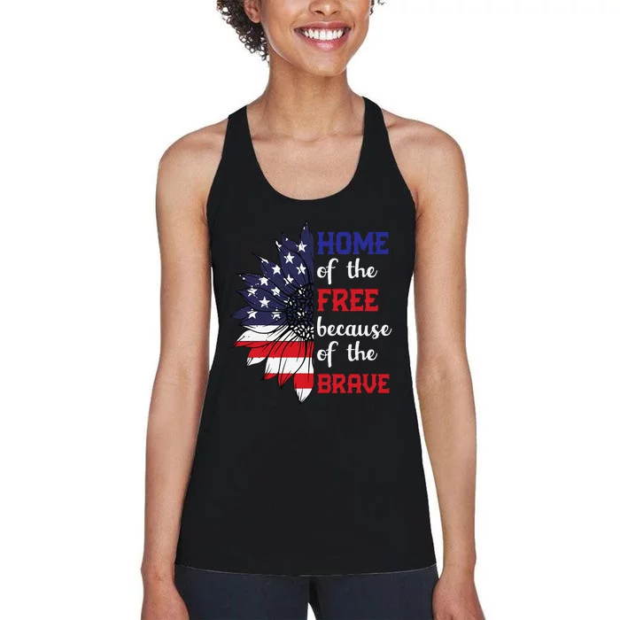 Home Of The Free Because Of The Brave Sunflower USA Flag Women's Racerback Tank