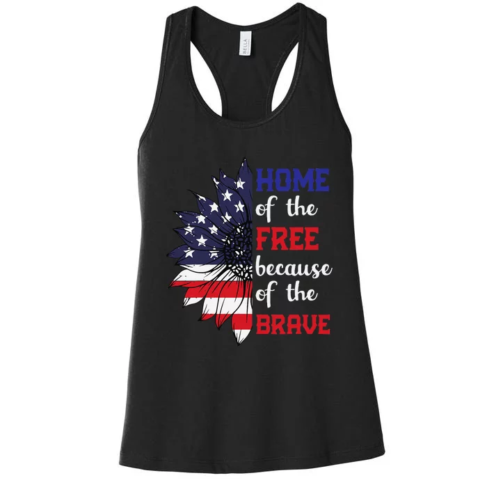 Home Of The Free Because Of The Brave Sunflower USA Flag Women's Racerback Tank