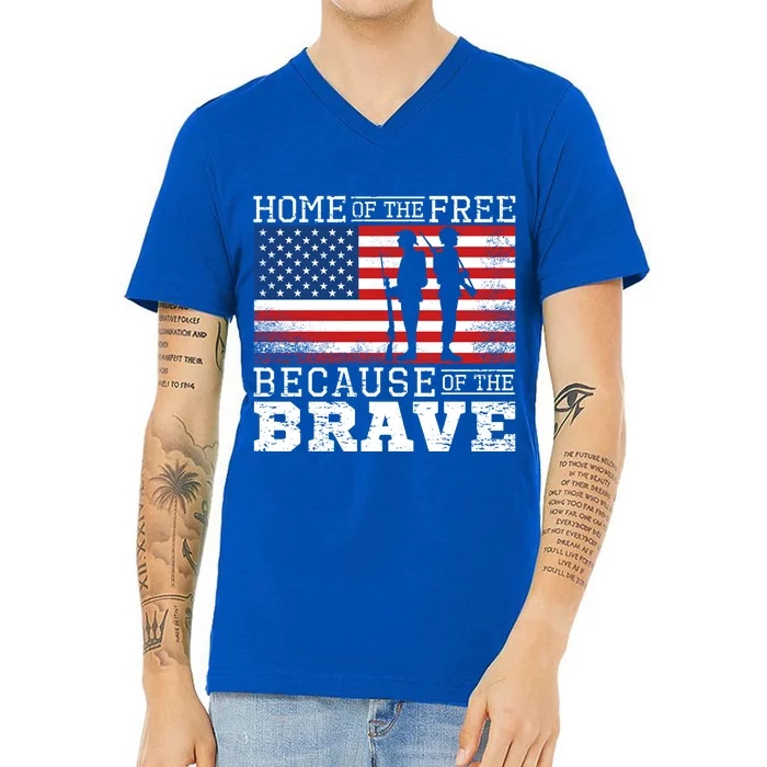 Home Of The Free Because Of The Brave Military American Flag Cute Gift V-Neck T-Shirt