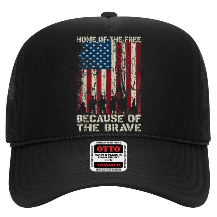 Home Of The Free Because Of The Brave American Flag High Crown Mesh Trucker Hat