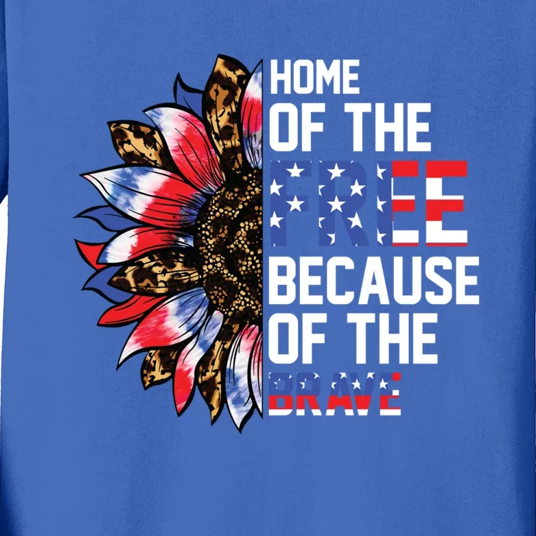 Home Of The Free Because Of The Brave Sunflower 4th Of July Gift Kids Long Sleeve Shirt